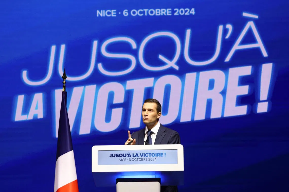 Jordan Bardella, President of the French far-right Rassemblement National (National Rally - RN) party gestures as he speaks during a political rally in Nice, France, October 6, 2024. REUTERS/Manon Cruz/File Photo