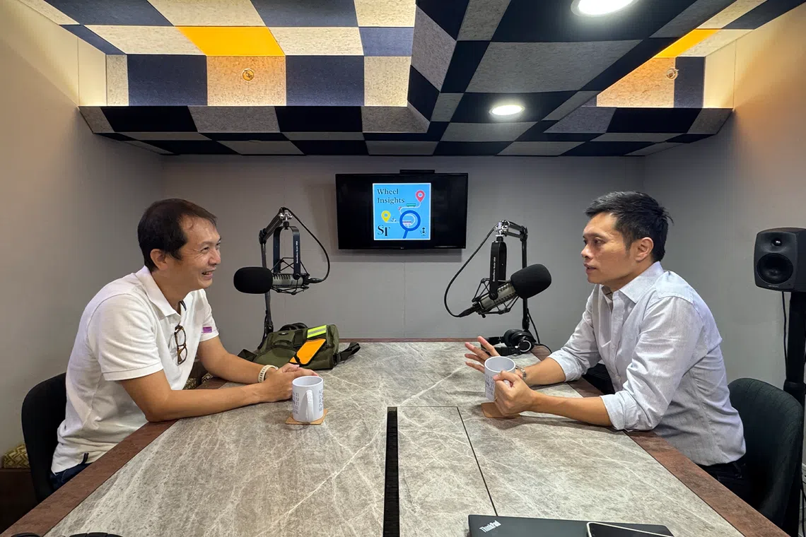 (From left) Relief taxi driver James Quak talking to ST senior transport correspondent Lee Nian Tjoe in the ST podcast studio.