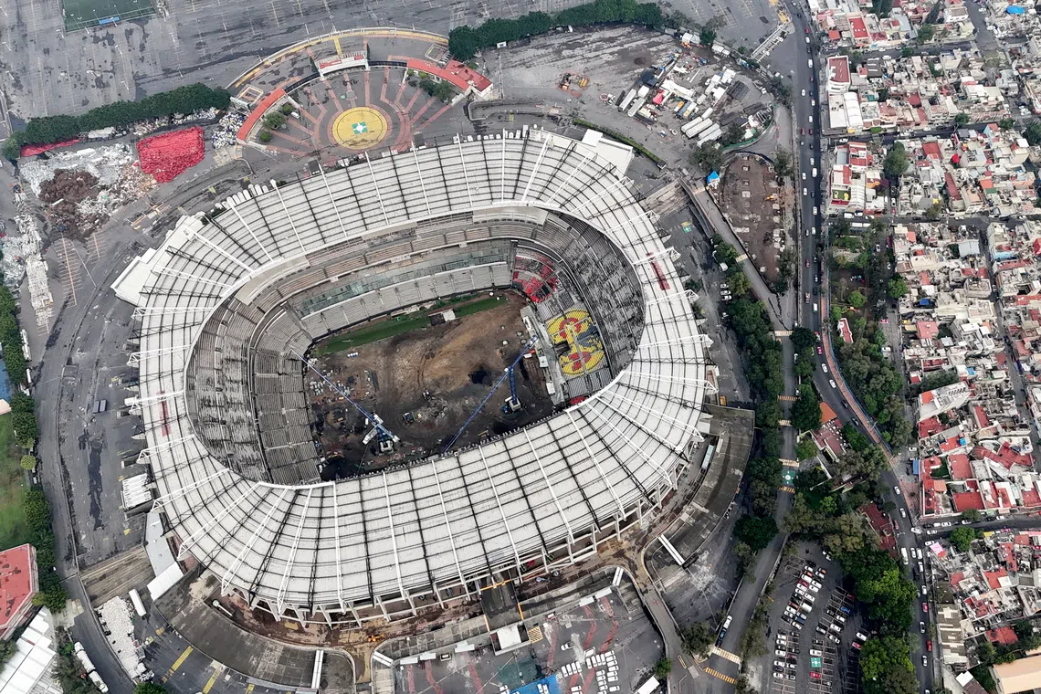 FILE PHOTO: Soccer Football - World Cup - Mexico marks one year to go until the World Cup - Mexico City, Mexico - June 12, 2025 An aerial view of the renovation work on the Azteca Stadium or Banorte Stadium is part of a commercial agreement ahead of the 2026 World Cup. REUTERS/Henry Romero/File Photo