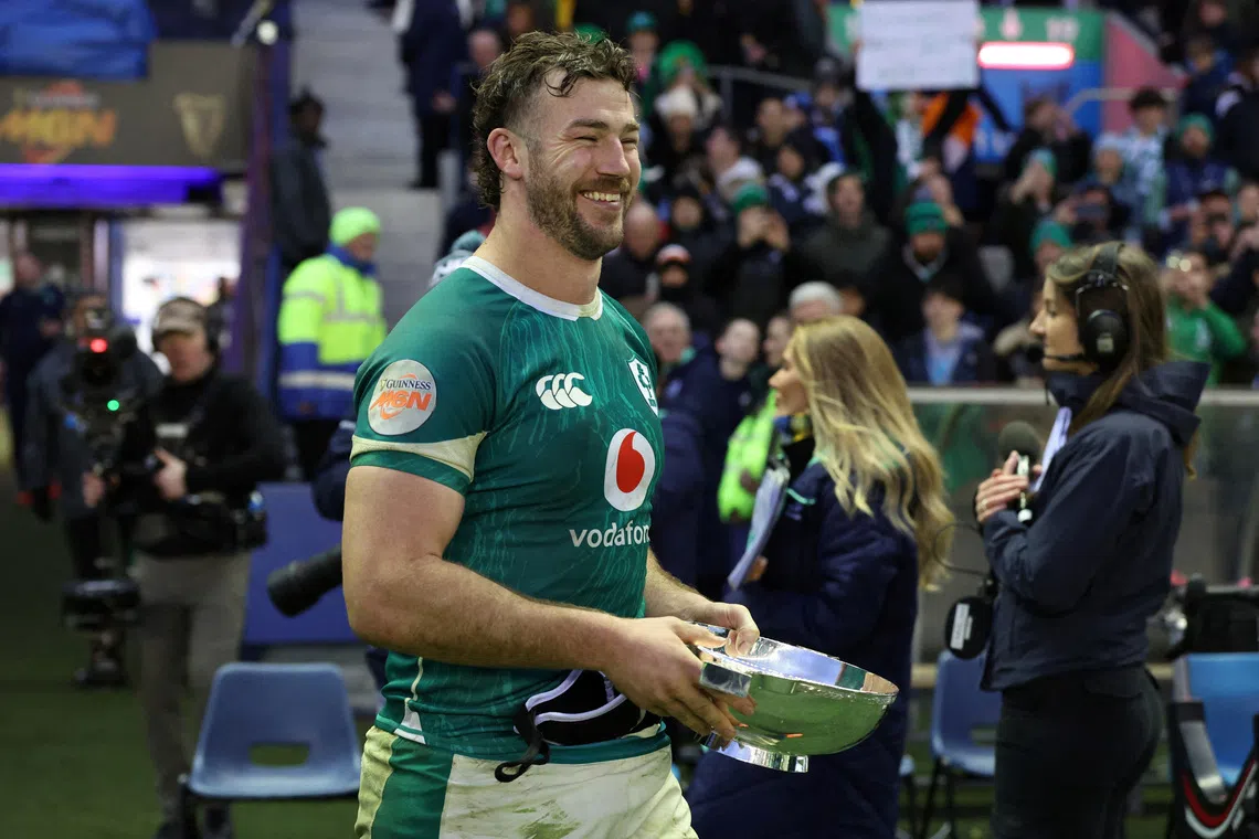 FILE PHOTO: Rugby Union - Six Nations Championship - Scotland v Ireland - Murrayfield Stadium, Edinburgh, Scotland, Britain - February 9, 2025 Ireland's Caelan Doris celebrates with a trophy after the match REUTERS/Russell Cheyne/File Photo
