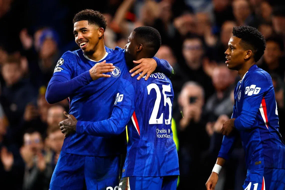 Moises Caicedo (centre) celebrates scoring the winning goal for Chelsea with teammate Wesley Fofana during their Champions League win against Pafos on Jan 21.