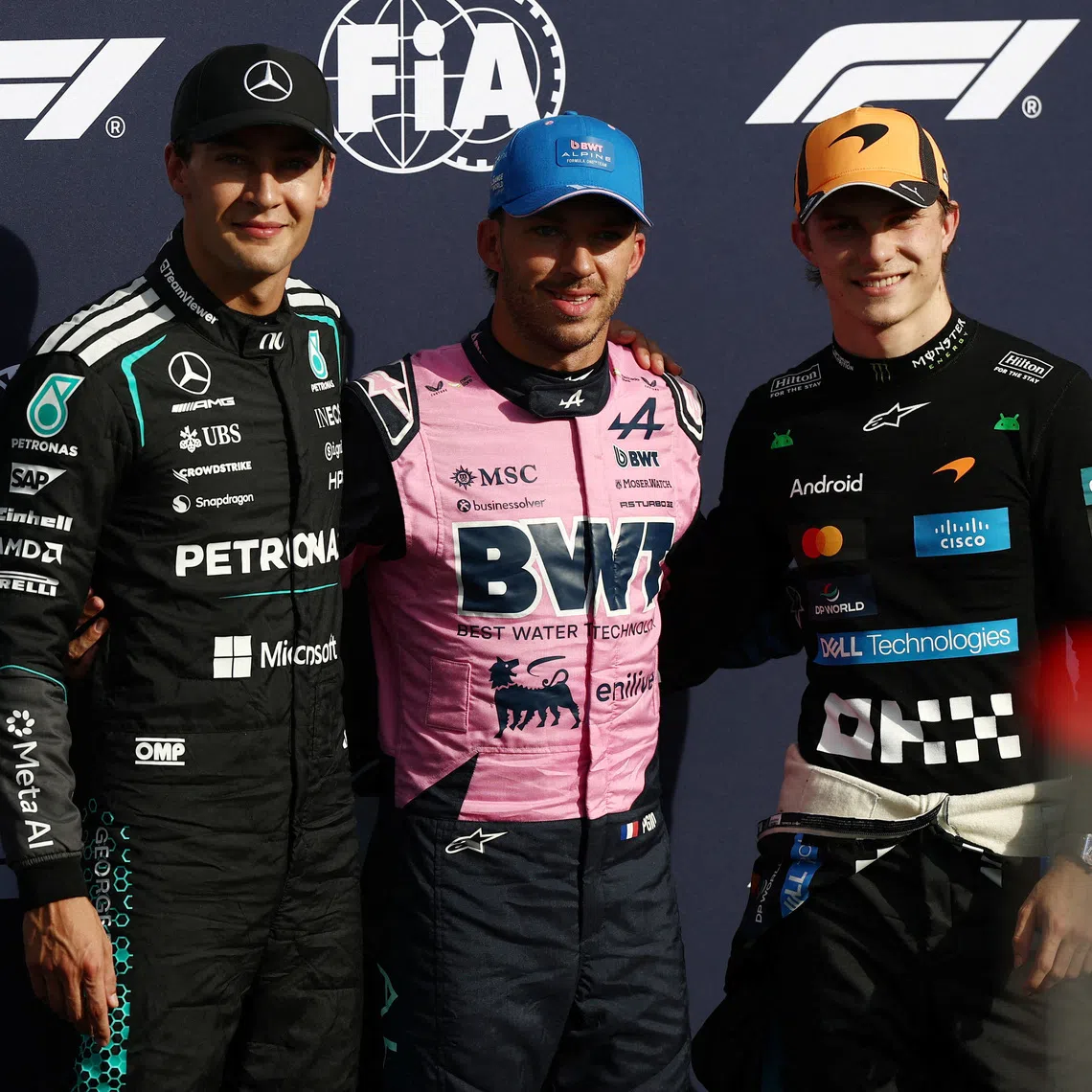 Formula One F1 - Italian Grand Prix - Autodromo Nazionale Monza, Monza, Italy - September 5, 2026 Alpine's Pierre Gasly celebrates after qualifying in pole position along with second placed Mercedes' George Russell and third placed McLaren's Oscar Piastri REUTERS/Guglielmo Mangiapane