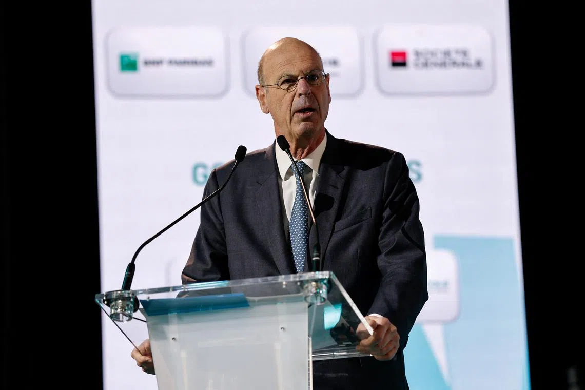 FILE PHOTO: French Minister for Economy, Finance, Industrial and Digital Security Eric Lombard delivers a speech at the Euronext stock exchange's annual conference in Paris, France March 18, 2025. REUTERS/Benoit Tessier/File Photo