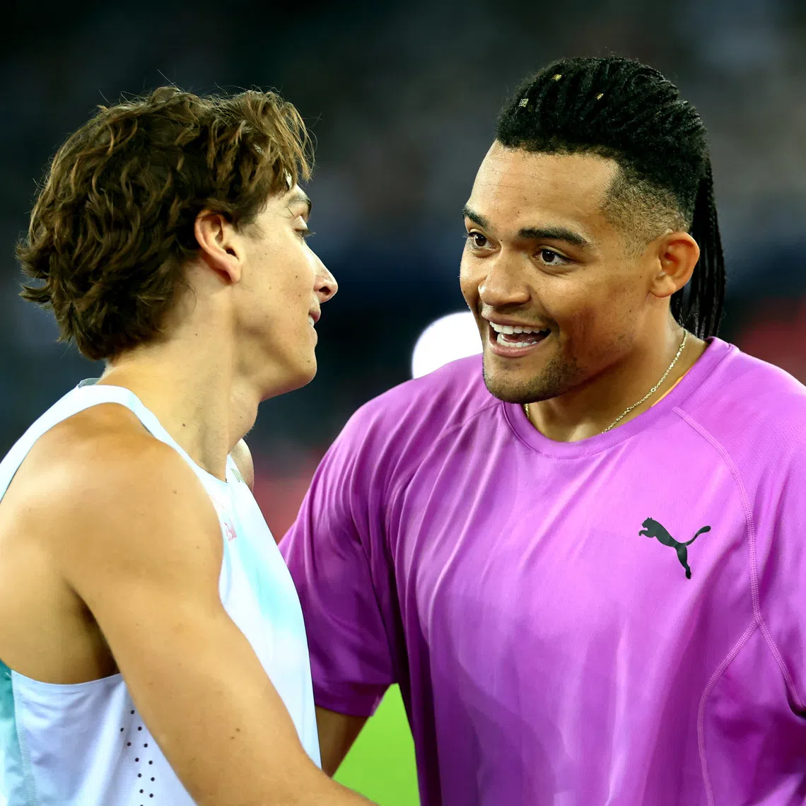 Athletics - Diamond League - Zurich - Letzigrund, Zurich, Switzerland - August 27, 2026 Greece's Emmanouil Karalis with Sweden's Armand Duplantis during the men's pole vault final REUTERS/Denis Balibouse