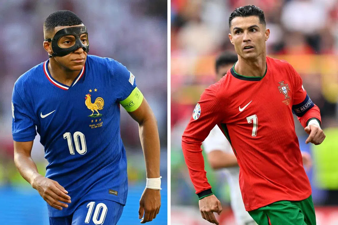 (COMBO) This combination file photos made on July 3, 2024, shows, at left France's forward #10 Kylian Mbappe during the UEFA Euro 2024 Group D football match between France and Poland at the BVB Stadion in Dortmund on June 25, 2024; and, at right, Portugal's forward #07 Cristiano Ronaldo during the UEFA Euro 2024 Group F football match between Turkey and Portugal at the BVB Stadion in Dortmund on June 22, 2024. Portugal will play against France in a UEFA Euro 2024 quarter-final football match at the Volksparkstadion Hamburg on July 5, 2024. (Photo by Ozan KOSE and Ina FASSBENDER / AFP)