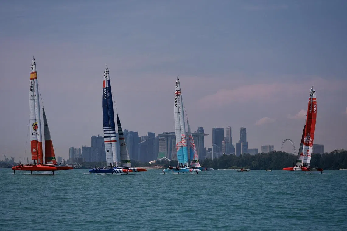 The SailGP teams (from left) Spain, France, Britain and Denmark during a practice at East Coast Park on Thursday.