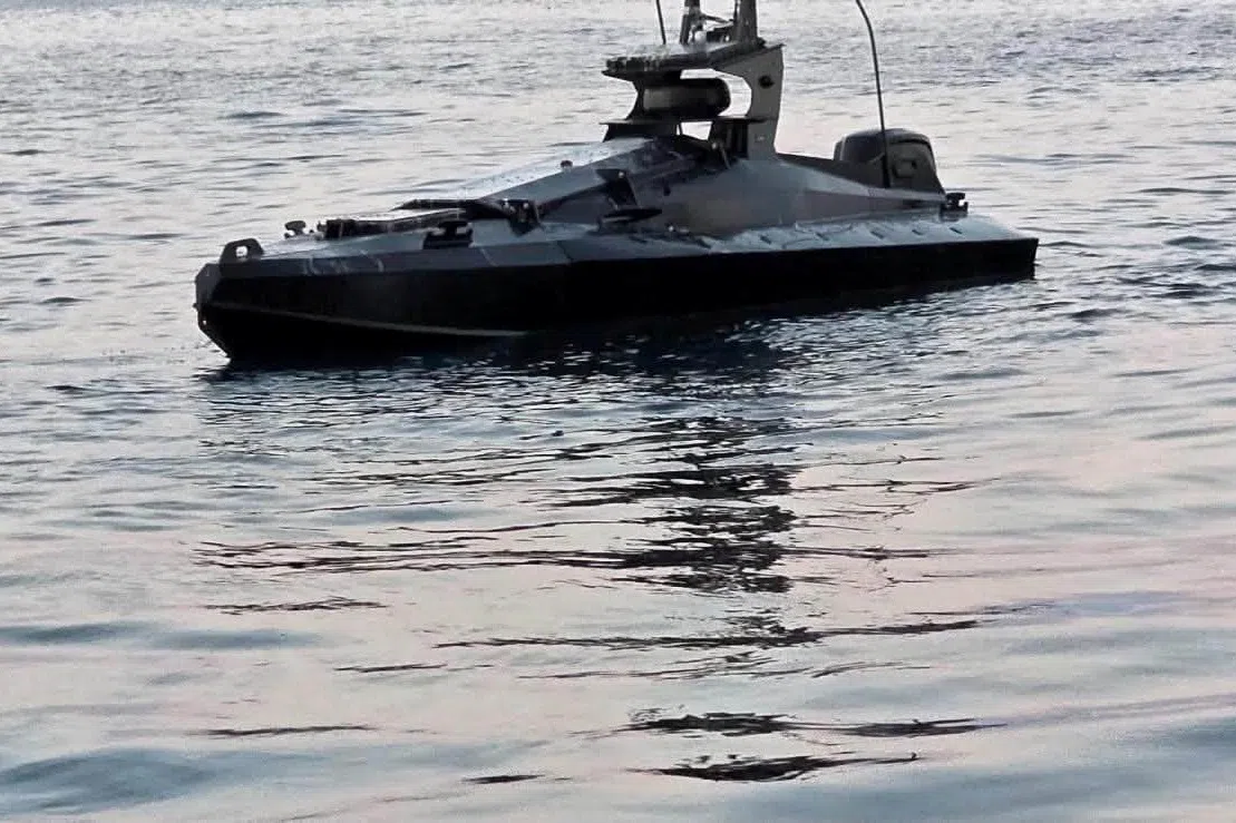 A marine drone, which Romanian Defence Minister Radu Miruta said was destroyed by F-16 fighter jets as it headed toward Romania's exclusive economic zone in the Black Sea near the Neptun Deep offshore gas project, is seen in this handout image obtained by Reuters on August 20, 2026.  Radu Miruta via Facebook/Handout via REUTERS