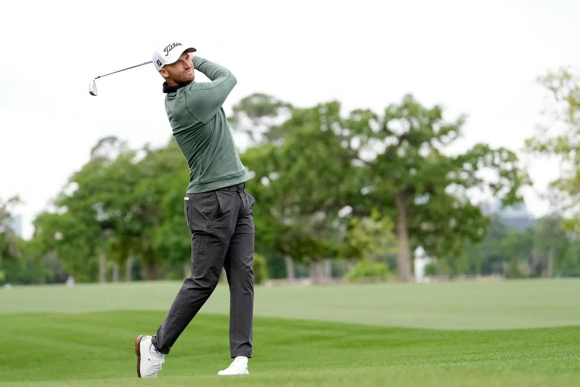 Wyndham Clark of the United States playing a shot on the eighth hole during a practice round prior to the PGA Houston Open at Memorial Park Golf Course on March 27 in Houston, Texas.