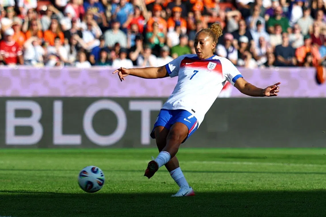 Soccer Football - UEFA Women's Euro 2025 - Group D - England v Netherlands - Stadion Letzigrund, Zurich, Switzerland - July 9, 2025 England's Lauren James scores their third goal REUTERS/Matthew Childs/File Photo