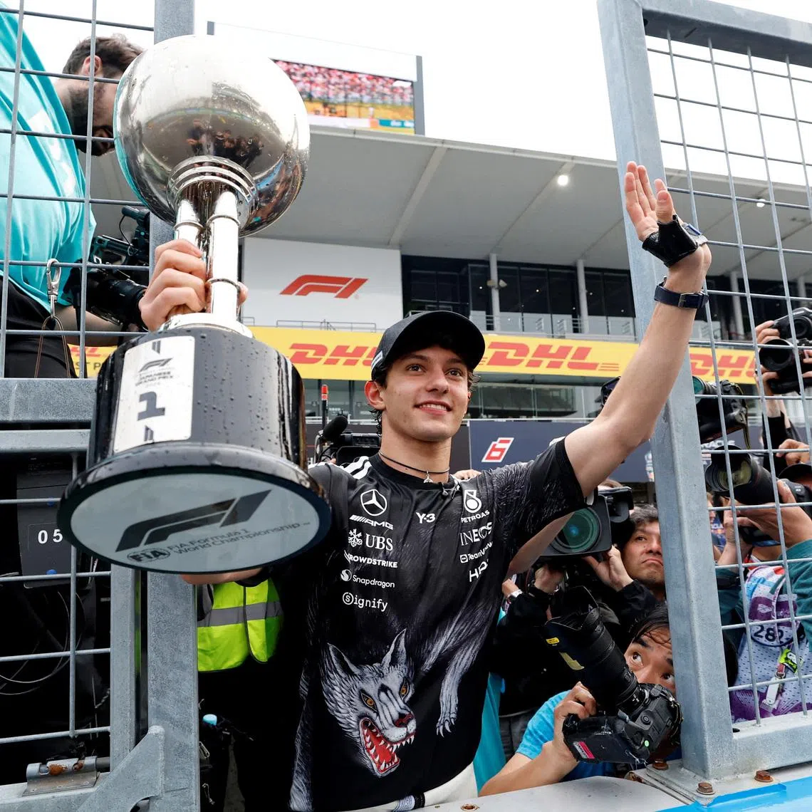 FILE PHOTO: Formula One F1 - Japanese Grand Prix - Suzuka Circuit, Suzuka, Japan - March 29, 2026 Mercedes' Andrea Kimi Antonelli celebrates with the trophy after winning the Japanese Grand Prix REUTERS/Kim Kyung-Hoon/File Photo