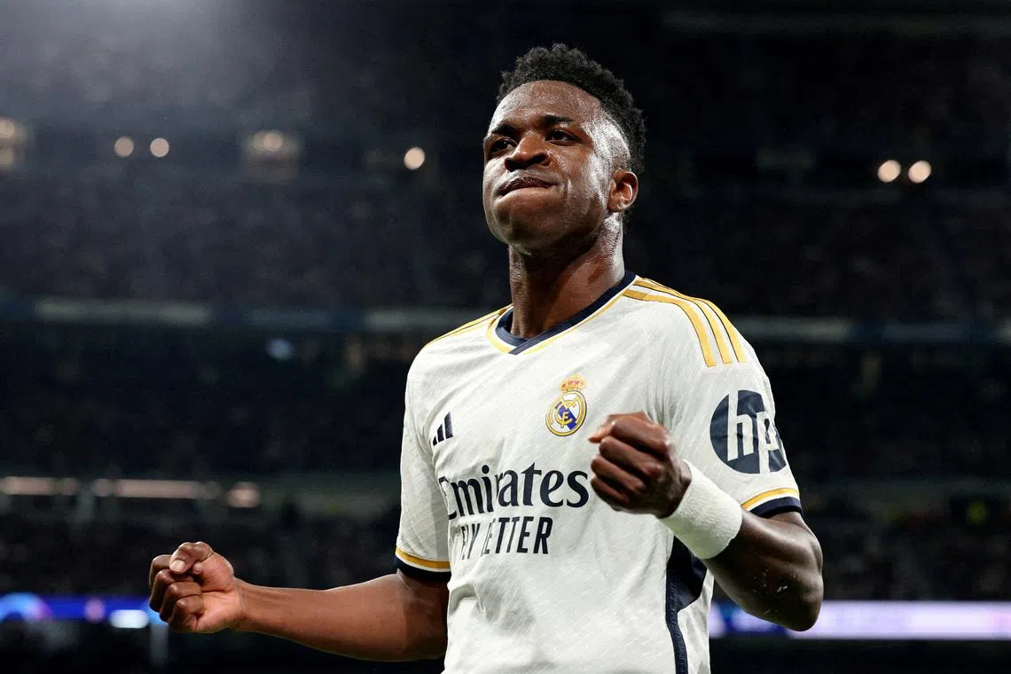 FILE PHOTO: Soccer Football - Champions League - Round of 16 - Second Leg - Real Madrid v RB Leipzig - Santiago Bernabeu, Madrid, Spain - March 6, 2024 Real Madrid's Vinicius Junior reacts REUTERS/Violeta Santos Moura/File Photo/File Photo