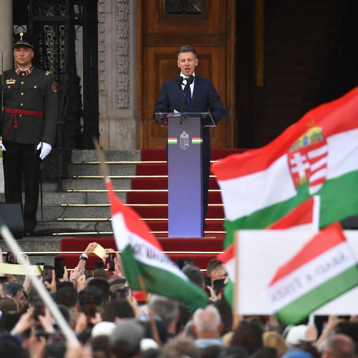 Hungary's incoming prime minister, Mr Peter Magyar, delivering a speech outside Parliament after his swearing-in ceremony in Budapest on May 9.