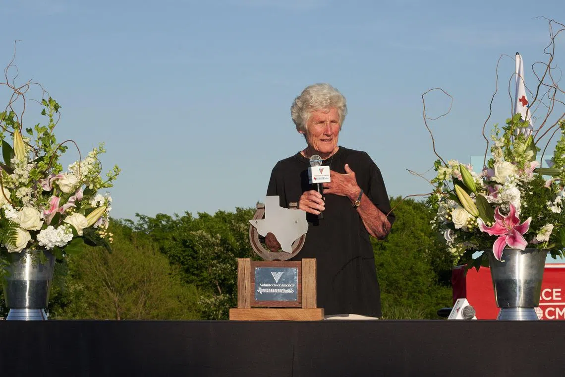 (FILES) In this file photo taken on May 06, 2018, Kathy Whitworth speaks at the trophy presentation following the 2018 Volunteers of America LPGA Texas Classic at Old American Golf Club in The Colony, Texas. - Kathy Whitworth, the most successful LPGA golfer with a record 88 titles, has died at the age of 83, the women's tour announced on December 25, 2022. (Photo by Darren Carroll / GETTY IMAGES NORTH AMERICA / AFP)