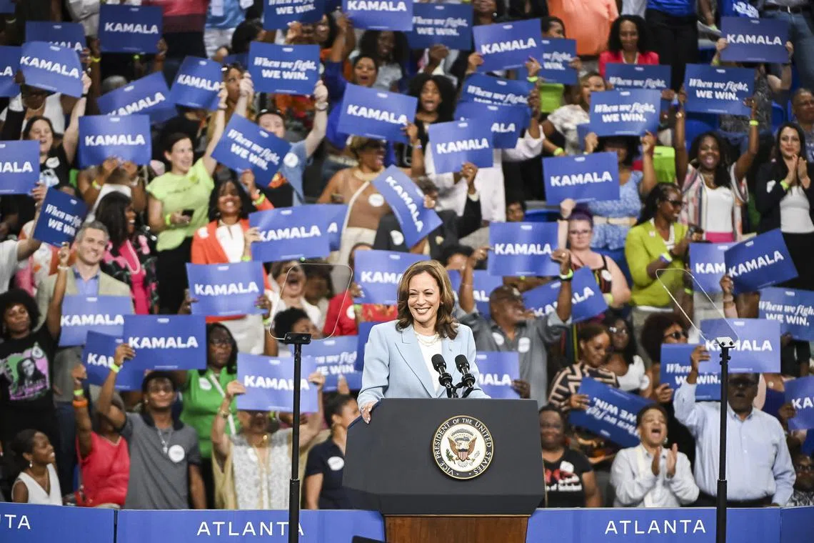 US Vice-President Kamala Harris during a campaign rally at Georgia State Convocation Center in Atlanta, Georgia, on July 30.