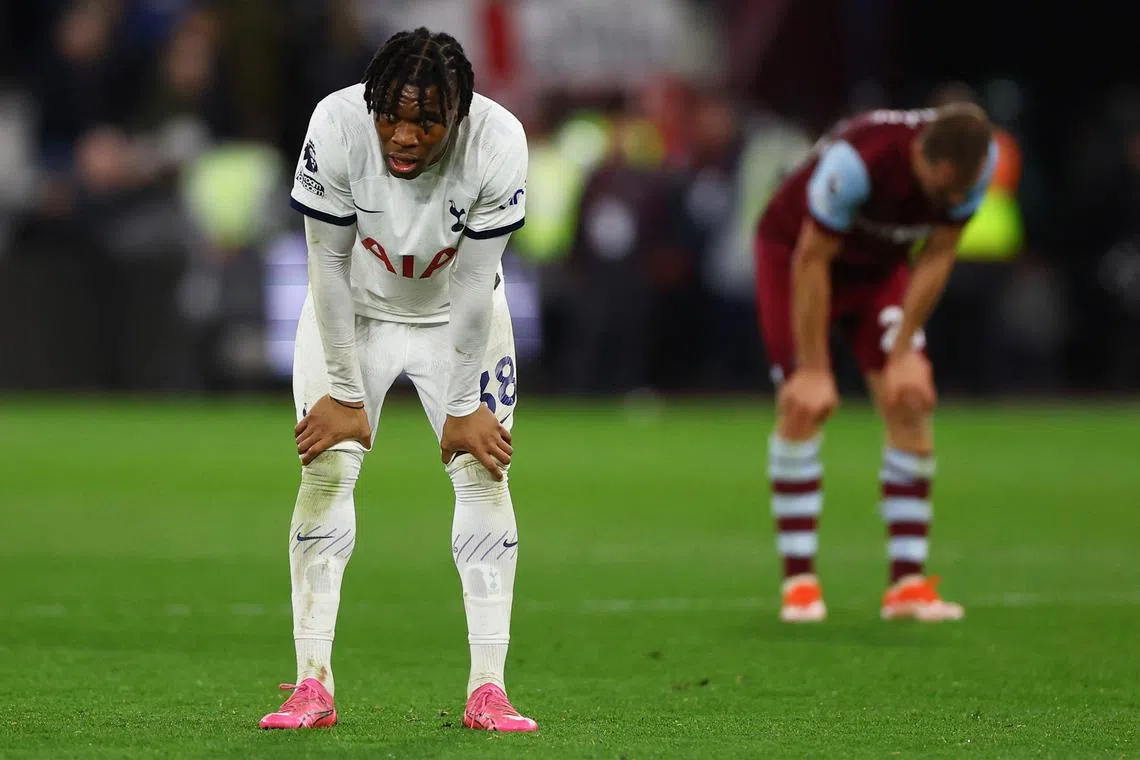 FILE PHOTO: Soccer Football - Premier League - West Ham United v Tottenham Hotspur - London Stadium, London, Britain - April 2, 2024 Tottenham Hotspur's Destiny Udogie looks dejected after the match Action Images via Reuters/Matthew Childs/File photo