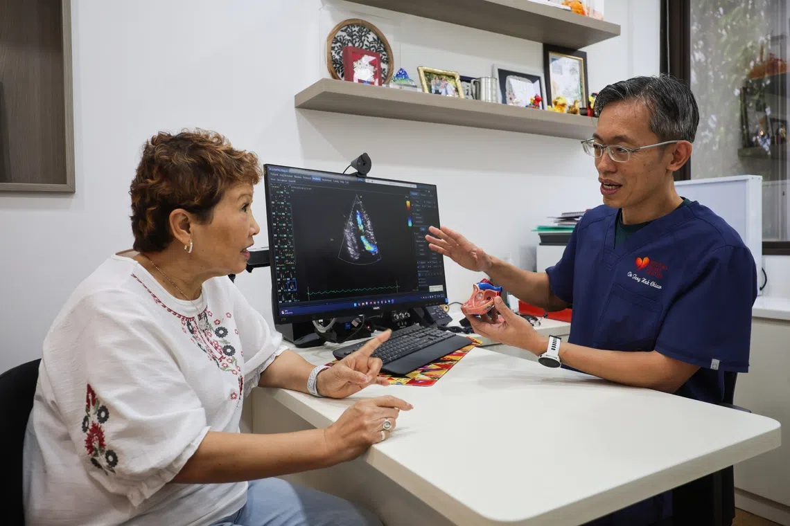 Cardiologist Tang Hak Chiaw (right) said that in Chua’s case, the drugs she was prescribed worked “extremely well” and she did not have to undergo surgery.