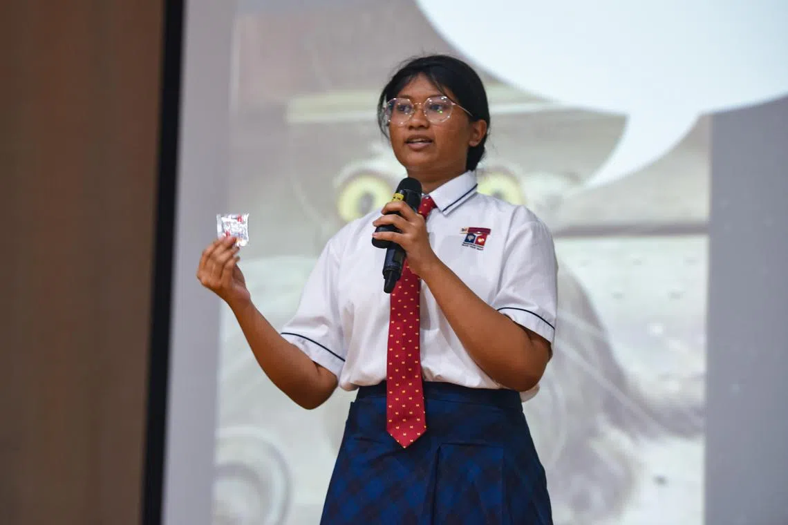 ST20230714_202306447473-Eugene Tan-Elisha Tushara-ettalk14/ Winner of Marsiling Secondary School's Teen Talk 2023, Amylia Natasha, 15, giving her talk on July 14, 2023./ (ST PHOTO: EUGENE TAN)