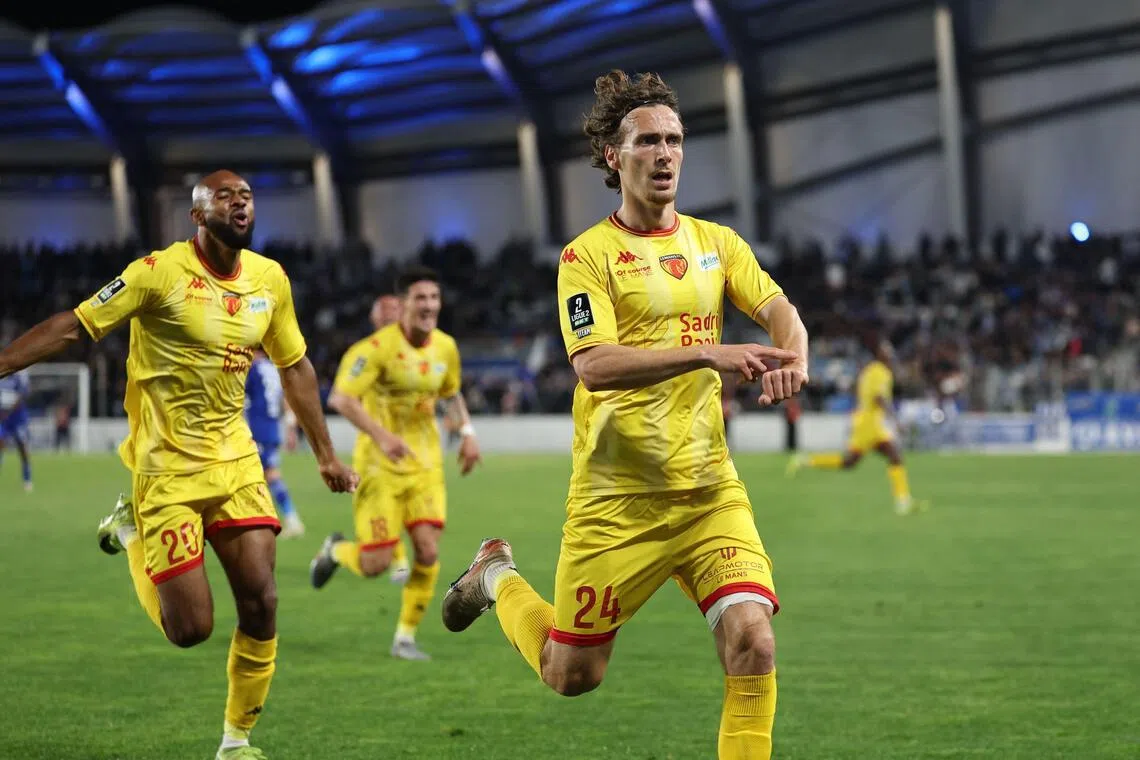 Le Mans' French midfielder Milan Robin celebrates after putting them 2-0 up in stoppage time in the French Ligue 2 football match against Bastia at the Armand-Cesari stadium on the French Mediterranean island of Corsica on May 9, 2026.