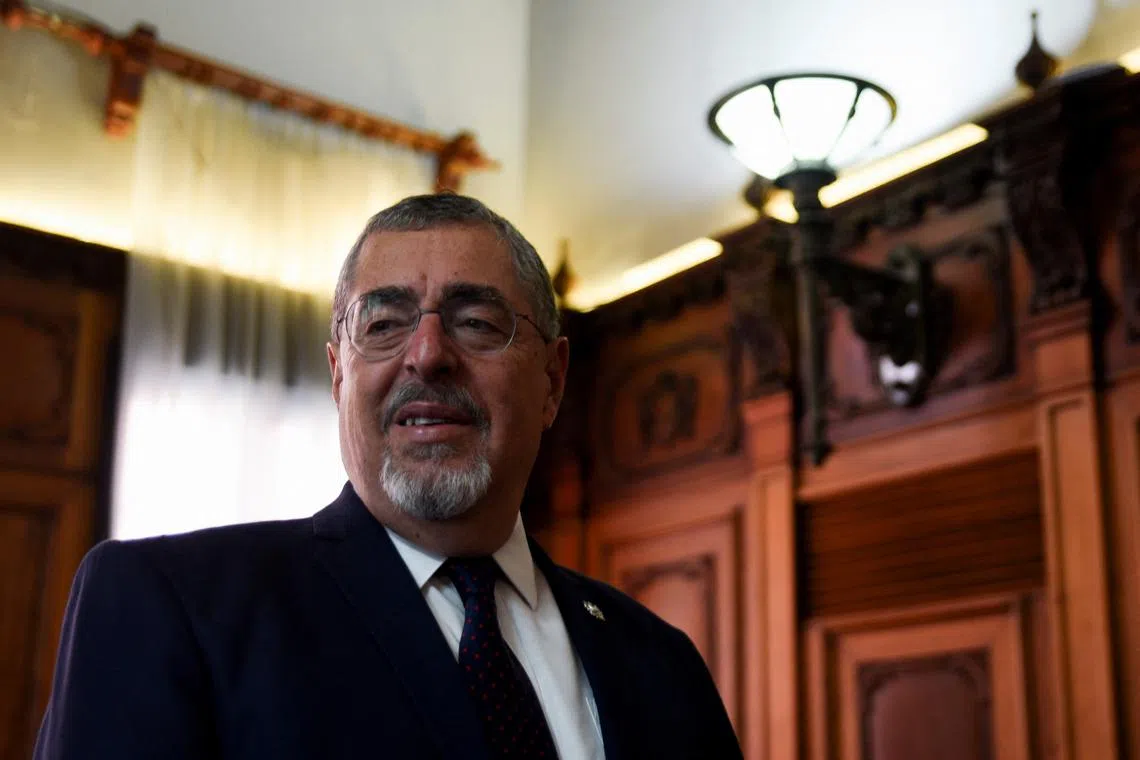 FILE PHOTO: Guatemala's President Bernardo Arevalo looks on during an interview with Reuters at the National Palace of Culture, in Guatemala City, Guatemala February 8, 2024. REUTERS/Cristina Chiquin/File photo