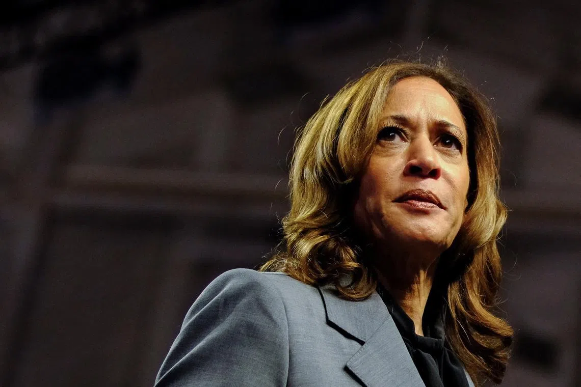 FILE PHOTO: Democratic presidential nominee and U.S. Vice President Kamala Harris looks on during a campaign event in Madison, Wisconsin, U.S., September 20, 2024.  REUTERS/Jim Vondruska/File Photo