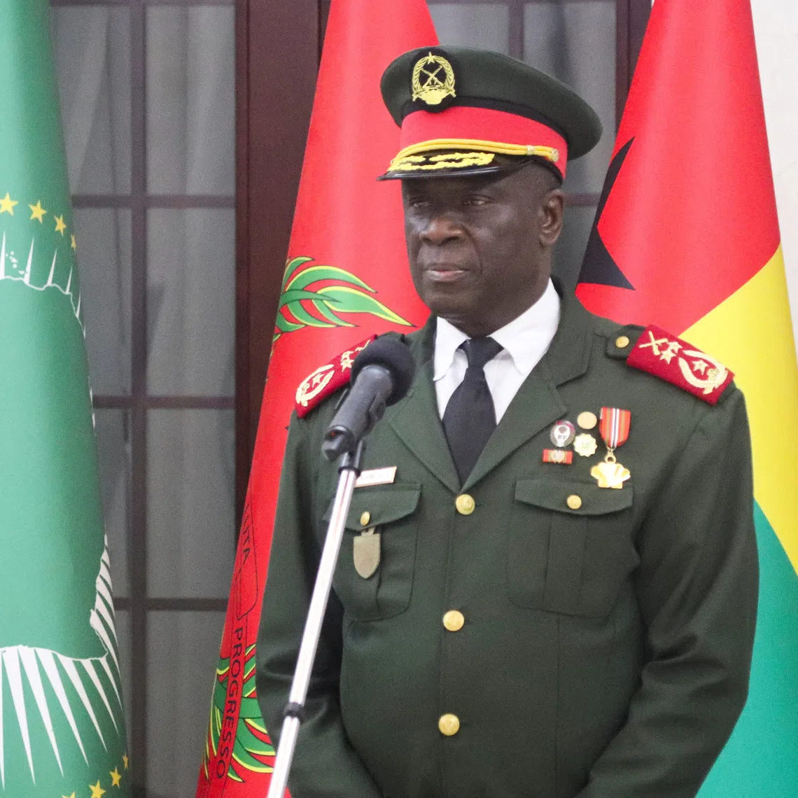 FILE PHOTO: Major-General Horta Inta-a, the new transitional president, attends the swearing-in ceremony of Major-General Tomas Djassi as the new chief of staff of the Armed Forces in Bissau, Guinea-Bissau November 27, 2025. REUTERS/Delcyo Sanca/File Photo