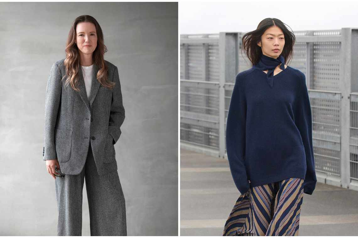 Uniqlo's creative director Clare Waight Keller (left) and the Uniqlo : C Fall/Winter 2025 collection designed by her.