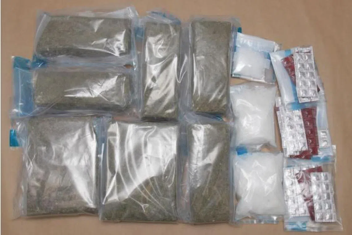 A total of about 4,648g of cannabis, 542g of Ice and 250 Erimin-5 tablets were found concealed at various parts of the motorcycle.