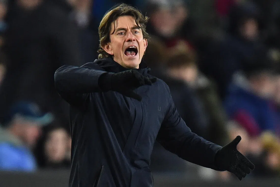 Soccer Football - Premier League - Burnley v Tottenham Hotspur - Turf Moor, Burnley, Britain - January 24, 2026 Tottenham Hotspur manager Thomas Frank reacts REUTERS/Peter Powell EDITORIAL USE ONLY. NO USE WITH UNAUTHORIZED AUDIO, VIDEO, DATA, FIXTURE LISTS, CLUB/LEAGUE LOGOS OR 'LIVE' SERVICES. ONLINE IN-MATCH USE LIMITED TO 120 IMAGES, NO VIDEO EMULATION. NO USE IN BETTING, GAMES OR SINGLE CLUB/LEAGUE/PLAYER PUBLICATIONS. PLEASE CONTACT YOUR ACCOUNT REPRESENTATIVE FOR FURTHER DETAILS..