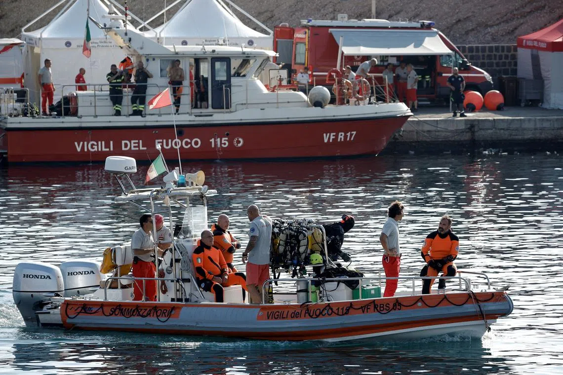 FILE PHOTO: A rescue boat with rescue personnel on board resumes search operations for British tech entrepreneur Mike Lynch's daughter Hannah Lynch, at the scene where a luxury yacht sank, off the coast of Porticello, near the Sicilian city of Palermo, Italy, August 23, 2024. REUTERS/Louiza Vradi/File Photo