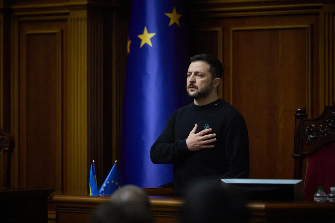 Ukraine's President Volodymyr Zelenskiy addresses lawmakers on the 1000th day of Russia's full-scale invasion of Ukraine, during a parliament session in Kyiv, Ukraine November 19, 2024. Ukrainian Presidential Press Service/Handout via REUTERS