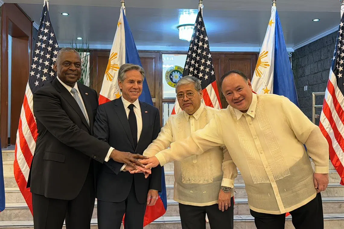 US Defence Secretary Lloyd Austin III, US Secretary of State Antony Blinken pose for a photo with Philippine Foreign Secretary Enrique Manalo and Philippine Defence Secretary Gilberto Teodoro Jr ahead of their “2+2” meeting in Manila on July 30, 2024.