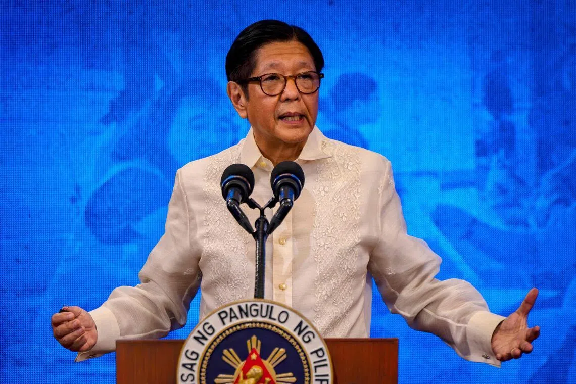 Philippine President Ferdinand Marcos speaks during a press conference at the Malacanang Palace in Manila on March 25, 2026. Marcos earlier declared a state of "national energy emergency" on March 24, citing risks to the domestic fuel supply and energy stability created by the Middle East war. (Photo by Ezra Acayan / POOL / AFP)