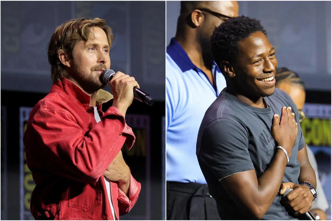 Actors Ryan Gosling (left) David Jonsson and at the 2026 Comic-Con International: San Diego - Marvel Studios Hall H presentation on July 25 in San Diego, California.