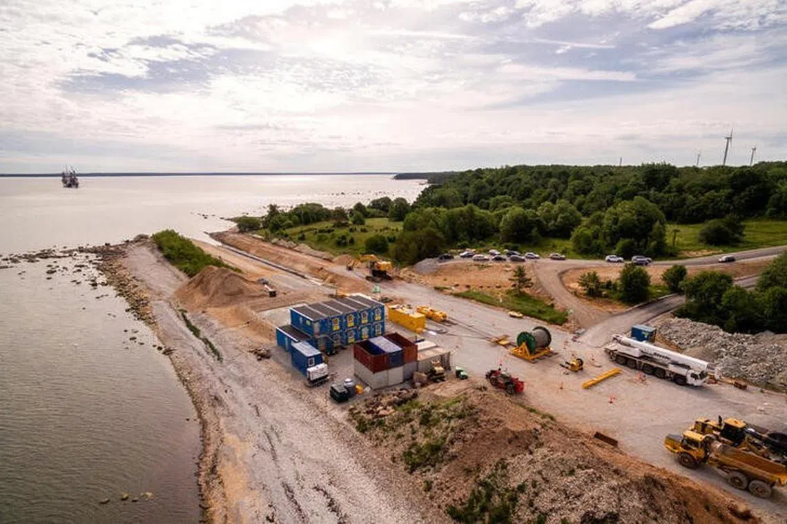 A view of the Balticconector pipeline as it is pulled into the sea in Paldiski, Estonia in an undated handout photo taken in 2019. ELERING/Handout via REUTERS