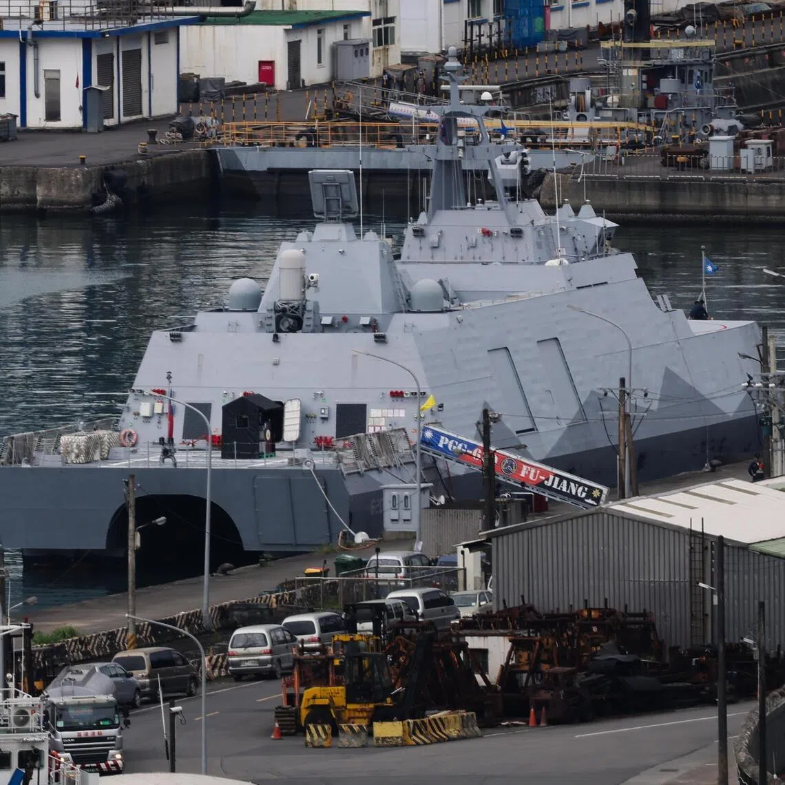 A Tuo Chiang-class corvette is anchored in the port of Keelung city, Taiwan.
