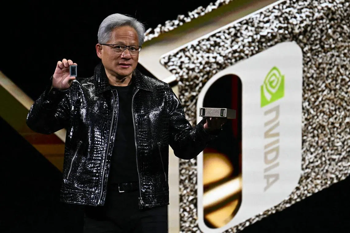 Nvidia CEO Jensen Huang speaks about Project Digits personal AI supercomputer at the Consumer Electronics Show (CES) in Las Vegas on Jan 6, 2025. 