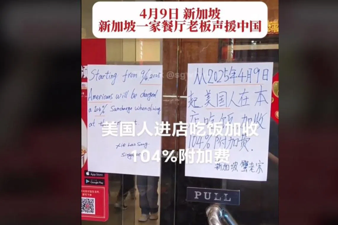 A handwritten notice said the Xie Lao Song restaurant’s surcharge for American patrons was to take effect on April 9.