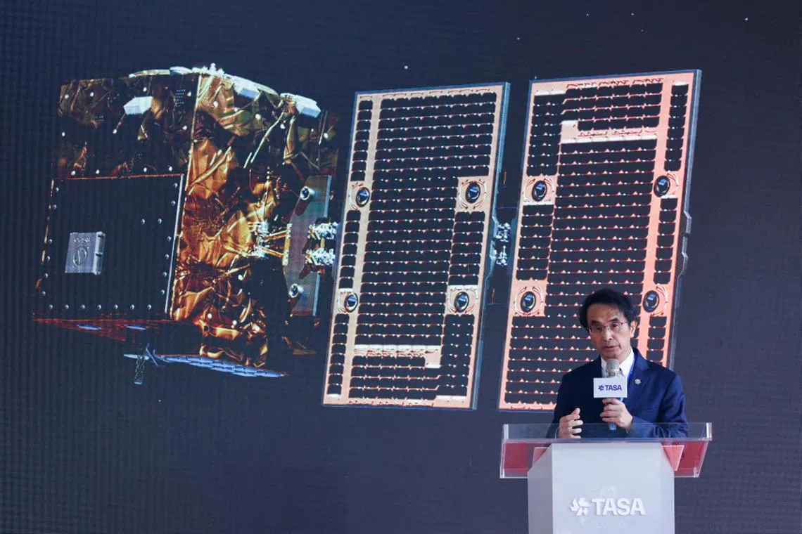 Taiwan Space Agency director-general Wu Jong-shinn speaking at the shipment ceremony of Triton, Taiwan's first locally built weather satellite, in Hsinchu, on July 14.