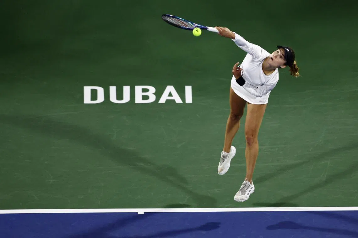 Tennis - WTA 1000 - Dubai Tennis Championships - Dubai Duty Free Tennis Centre, Dubai, United Arab Emirates - February 23, 2024 Russia's Anna Kalinskaya in action during her semi final match against Poland's Iga Swiatek REUTERS/Amr Alfiky