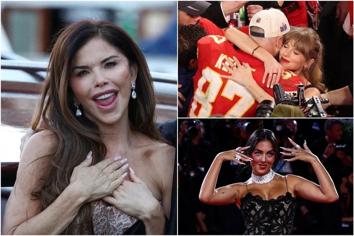 (Clockwise from left) Jessica Sanchez, wife of Jeff Bezos, Travis Kelce with Taylor Swift and Georgina Rodriguez, engaged to Cristiano Ronaldo.