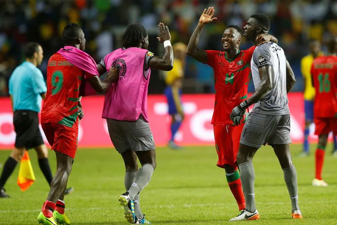 Football Soccer - African Cup of Nations - Gabon v Guinea-Bissau - Stade de l'Amitie - Libreville, Gabon - 14/1/17 - Guinea-Bissau's Abel Camara, Papa Mbaye, Juary Soares and Jonas Mendes celebrate drawing with Gabon. REUTERS/Mike Hutchings/File Photo