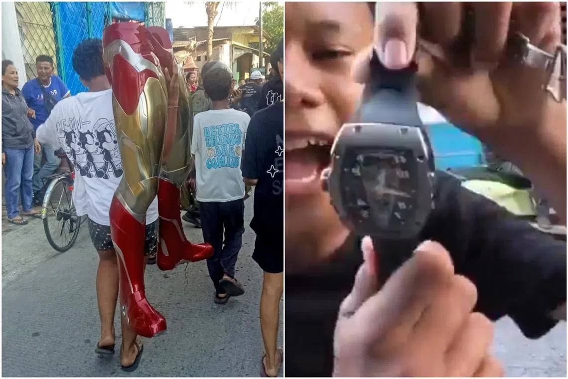 An Iron Man statue and a Richard Mille watch being looted from suspended Indonesian lawmaker Ahmad Sahroni's home.