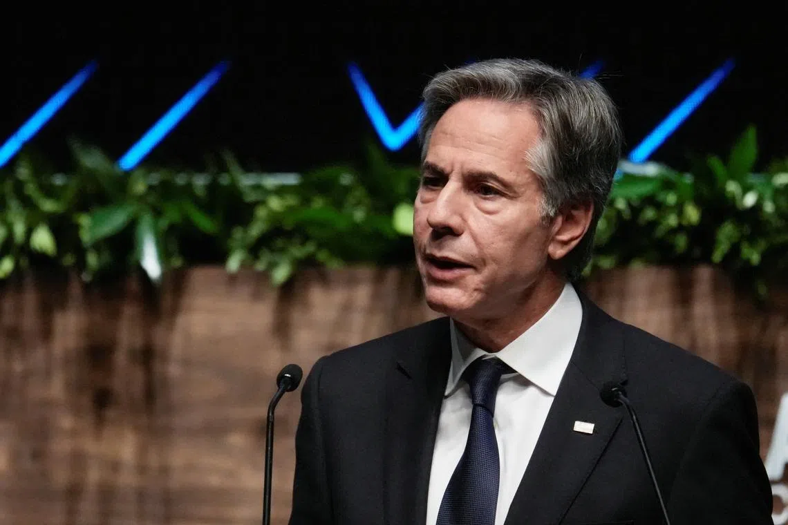 FILE PHOTO: U.S. Secretary of State Antony Blinken speaks at a summit discussion during the Asia-Pacific Economic Cooperation (APEC) summit, in Lima, Peru November 15, 2024. REUTERS/Angela Ponce/File Photo