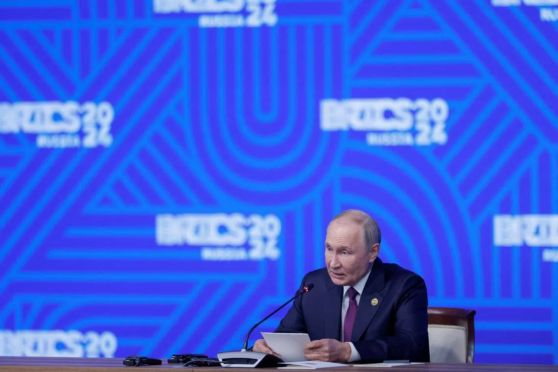 Russian President Vladimir Putin speaks during a press conference at the BRICS summit in Kazan, Russia October 24, 2024. REUTERS/Maxim Shemetov