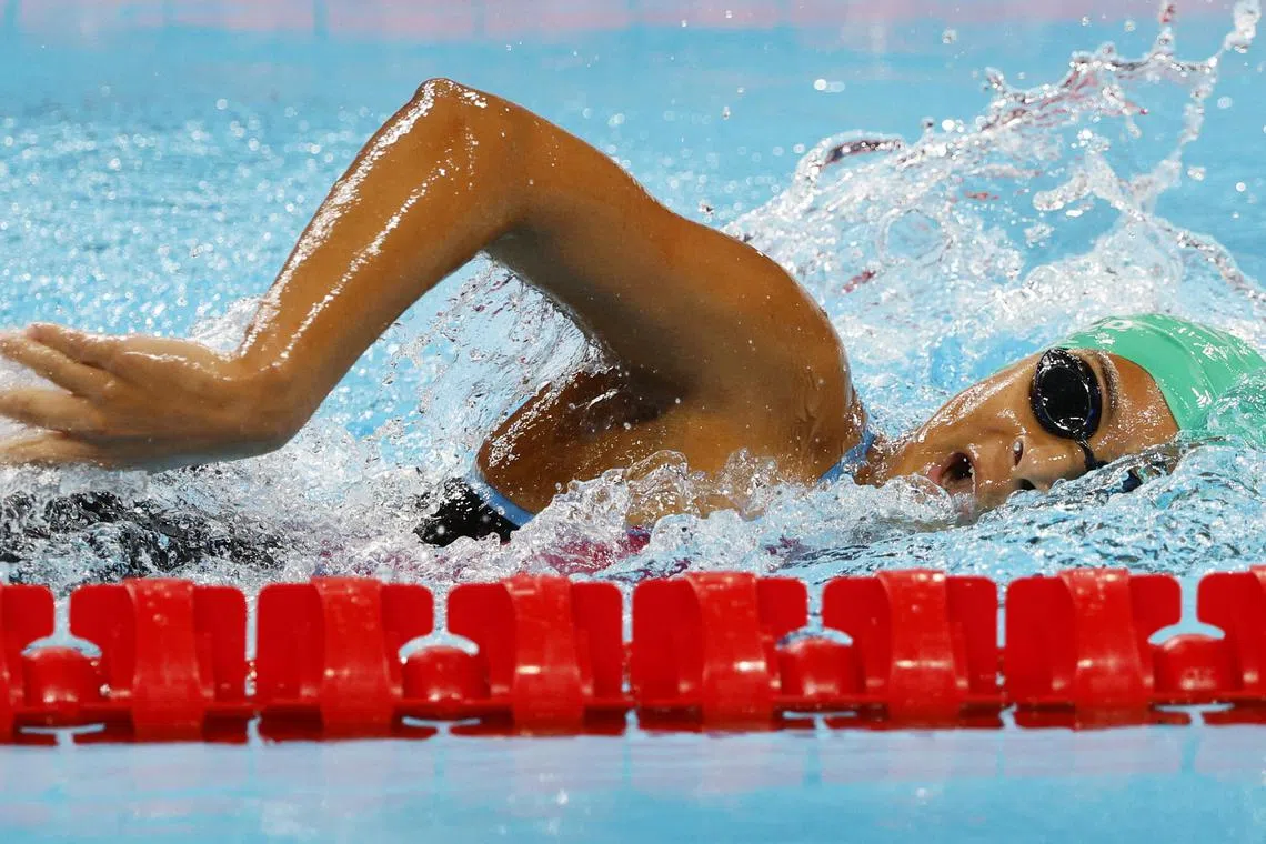 epa11501897 Mashael Meshari A Alayed of Saudi Arabia competes during a Women 200m Freestyle heat of the Swimming competitions in the Paris 2024 Olympic Games, at the Paris La Defense Arena in Paris, France, 28 July 2024.  EPA-EFE/FRANCK ROBICHON