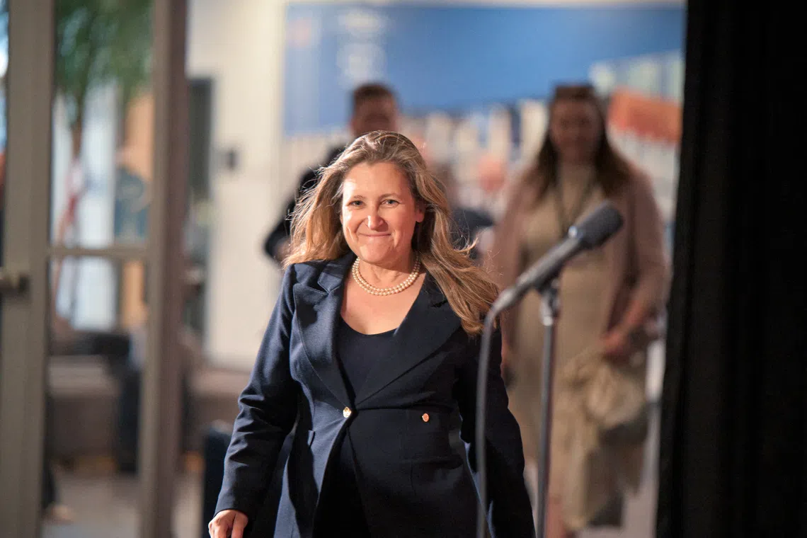 Canada's Minister of Transport and Internal Trade Chrystia Freeland arrives at the First Ministers meeting to discuss various trade and policy issues at TCU Place in Saskatoon, Saskatchewan, Canada, June 2, 2025. REUTERS/Nayan Sthankiya/File Photo