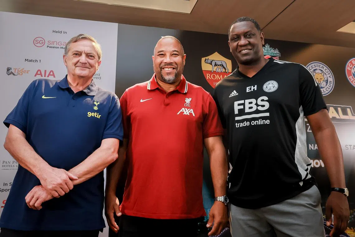 Football legends Totteham Hotspur’s Gary Mabbutt (dark blue), Liverpool’s John Barnes (red) and Leicester City’s Emile Heskey (black) at the press conference for the inaugural Singapore Festival of Football, May 16, 2023. The festival will be held in July.