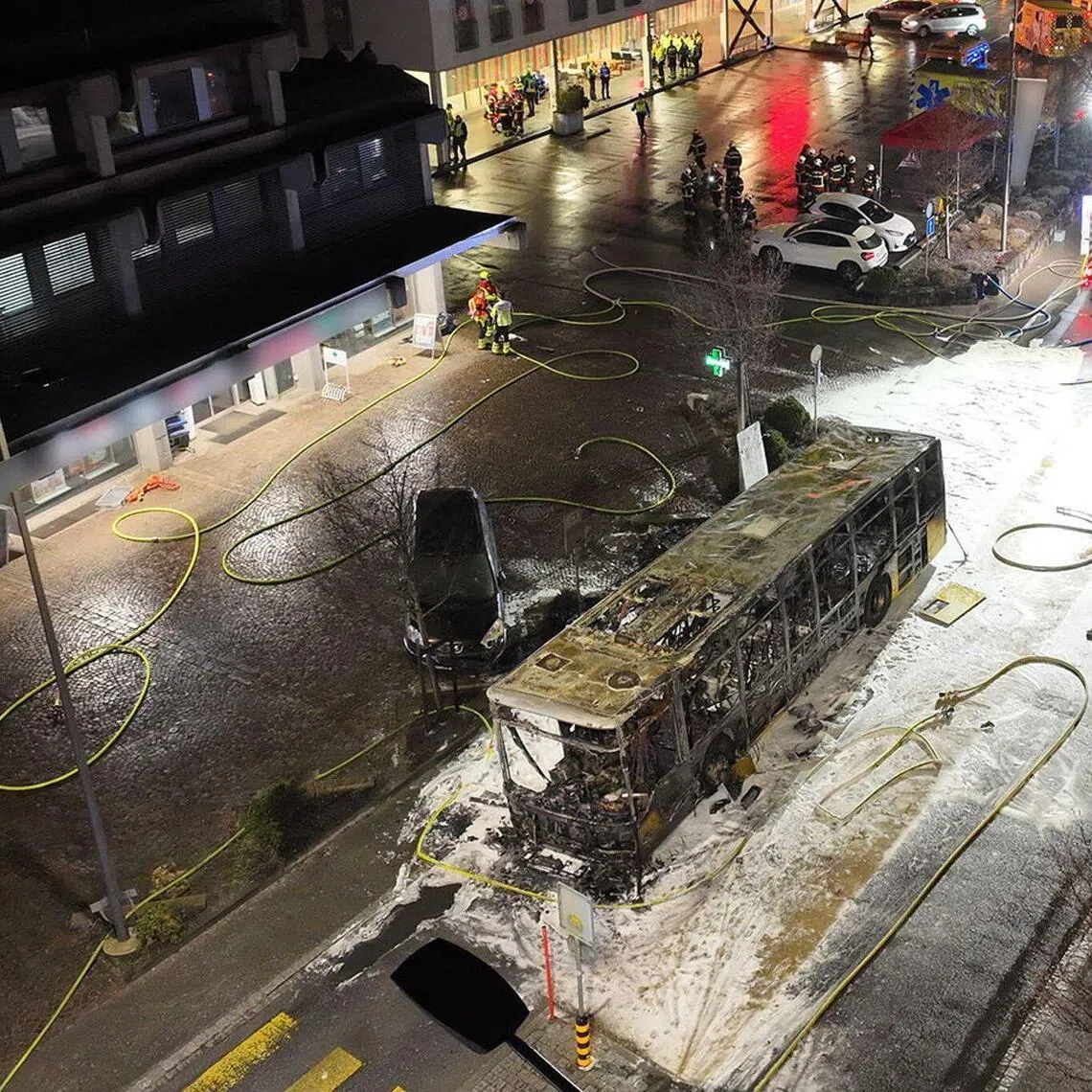 The fire broke out on the bus in the main street of the small town of Kerzers, around 20km west of the Swiss capital Bern.