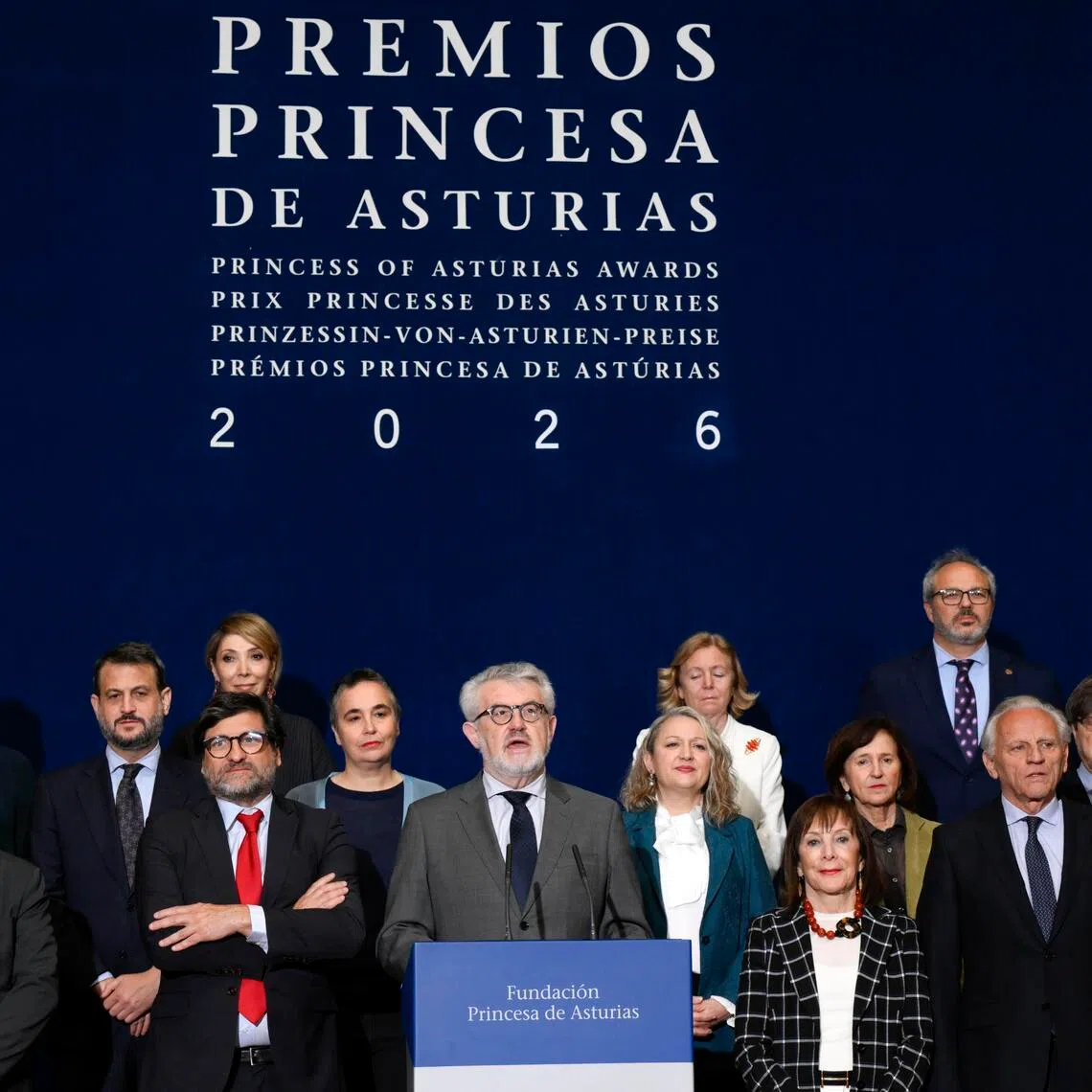 Mr Miguel Falomir (centre), president of the Princess of Asturias Award for Communication and Humanities' panel,  announces that Studio Ghibli is awarded the 2026 Princess of Asturias Award for Communication and Humanities on May 6.