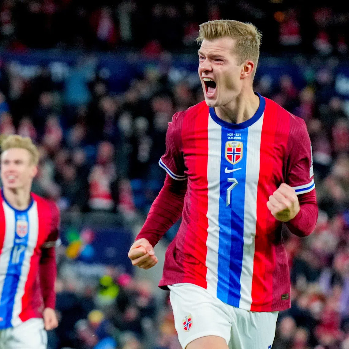 Soccer Football - World Cup - UEFA Qualifiers - Group I - Norway v Estonia - Ullevaal Stadion, Oslo, Norway - November 13, 2025 Norway's Alexander Sorloth celebrates scoring their first goal Fredrik Varfjell/NTB via REUTERS
